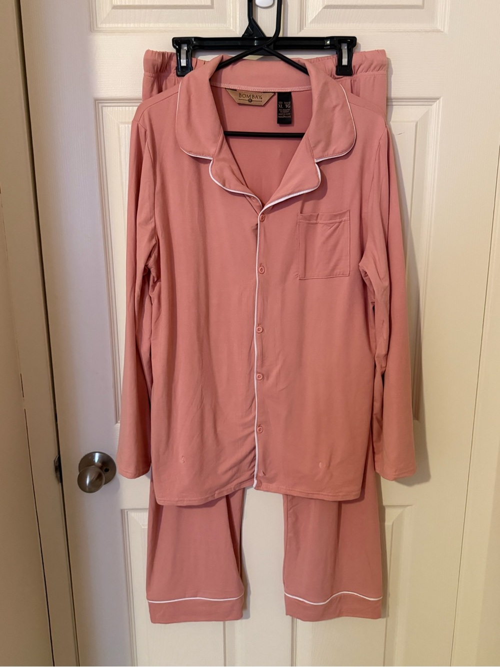 Bombay Rose Pink Long Sleeve Pajama Set with White Piping
